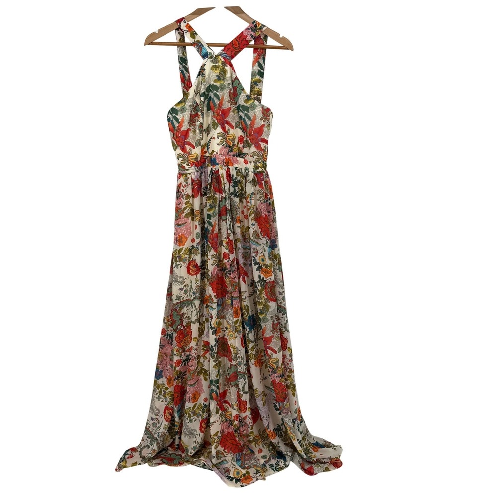 Lulus Floral Halter Maxi Dress Cream Red Paisley‎ Print Crisscross Back Size M
